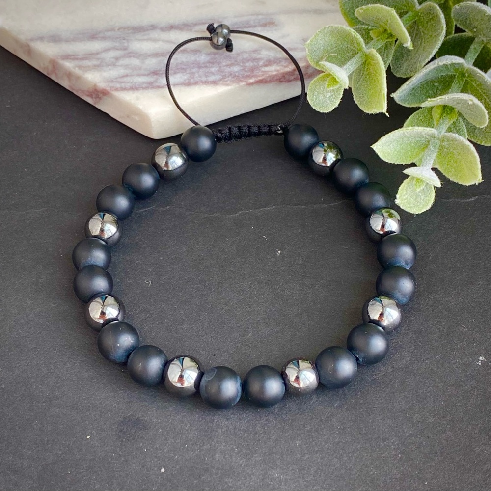Mens Hematite Matte Onyx Bracelet Adjustable Macrame cord beaded Bracelet